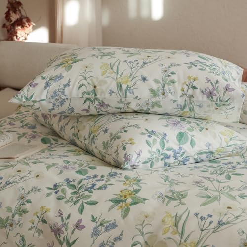 HighBuy Vintage Floral Pattern Duvet Cover Full Size,Lightweight Soft Cotton,Farmhouse Green Yellow Floral Bedding Comforter Cover with 2 Pillowcases,Cottagecore French Style,Zipper & 4 Ties