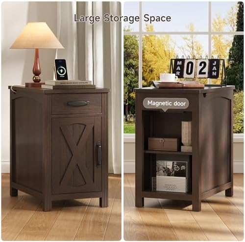 ONBRILL Farmhouse End Table with Charging Station,Retro Red