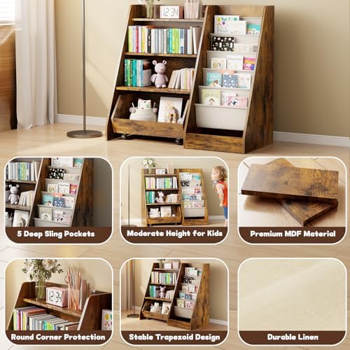 COZPAW Kids Bookshelf and Toy Storage, 4 Tier Toddler Bookshelf with Movable Drawer (Brown)
