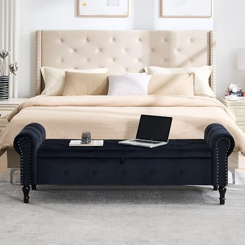Storage Bench 67" Velvet End of Bed Benches Black