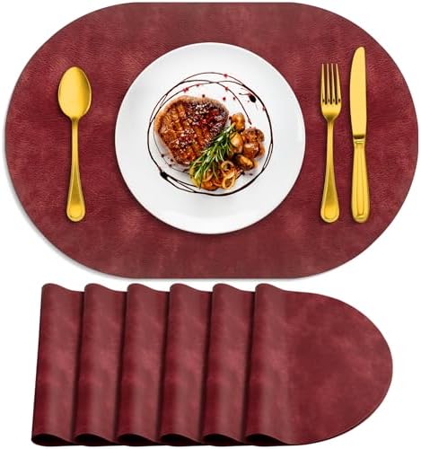 ADRIMER Oval Placemats Set of 6, Wipeable Faux Leather, Wine Red