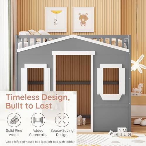 Bellemave Full Size Loft Bed with Play House Shape, Loft Bed Frame with Windows, Entertainment Space and Ladders for Kids, Boys, Girls and Teens, No Spring Needed (Gray+White)