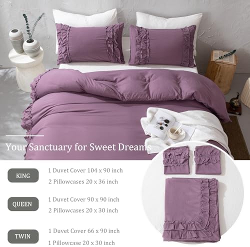 Bedorm King Duvet Cover Set Purple Bedding Set Pleat Ruffled Shabby Chic Comforter Cover Extra Soft & Easy Care Farmhouse Boho Duvet Cover with Zipper Closure