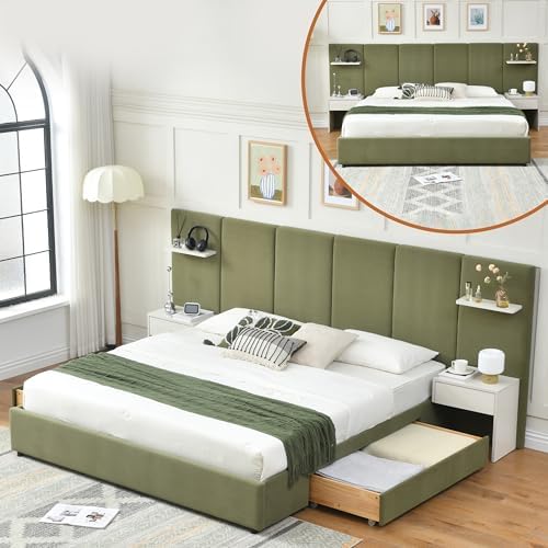 King Size Bed Frame with Storage & Built-in Nightstands & Drawers, Green