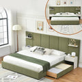 King Size Bed Frame with Storage & Built-in Nightstands & Drawers, Green