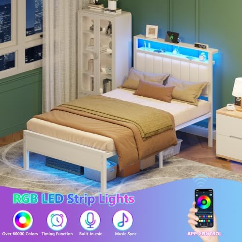 Furnulem White Twin Bed Frames with PU Upholstered Headboard & LED Lights