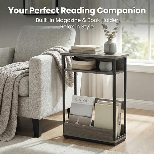 Narrow Side Table,3-Tier Slim End Table with Storage Shelf,Modern Sofa Table Thin Side Table for Narrow and Small Spaces, Skinny Bedside Table Small Nightstand with Magazine Rack Space Saving/Grey