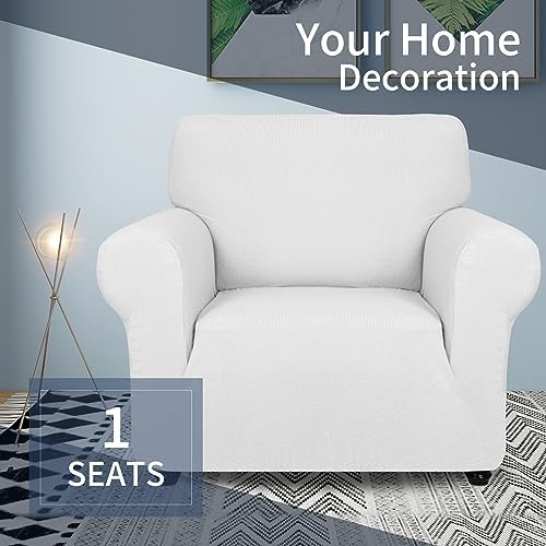 JIVINER Super Stretch Chair Slipcovers with Arms 1-Piece Jacquard Small Checks Living Room Armchair Covers Soft Anti Slip Sofa Couch Furniture Protector for Kids Pets (Chair, White)