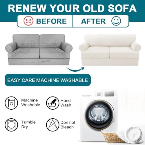 Turquoize 3 Piece T Cushion Sofa Slipcovers Stretch Couch Cover Furniture Covers with 2 Individual T Cushion Covers, Machine Washable (2 Cushion Sofa, Porcelain White)