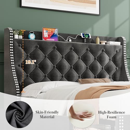 Upholstered Full Bed Frame with 4 Storage Drawers, Wingback Headboard with Charging Station, Diamond Stitched Button Tufted Design, No Box Spring Needed, Grey