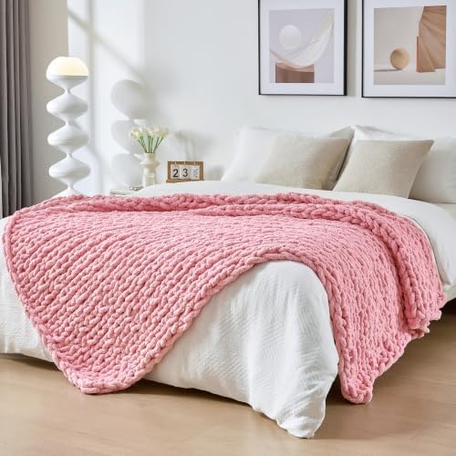 Bigacogo Chunky Knit Throw Blanket for Couch, 40x80 inches, Blush Pink