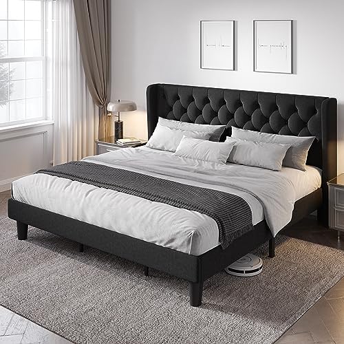 Allewie King Size Bed Frame with Button Tufted Wingback Headboard, Black