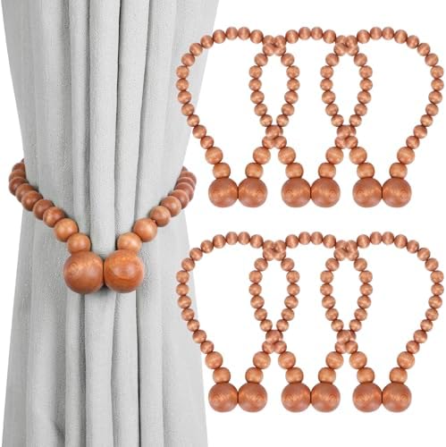 KLOGTSIND Magnetic Curtain Tiebacks, 6 Pack Wood Bead Curtain Holdbacks