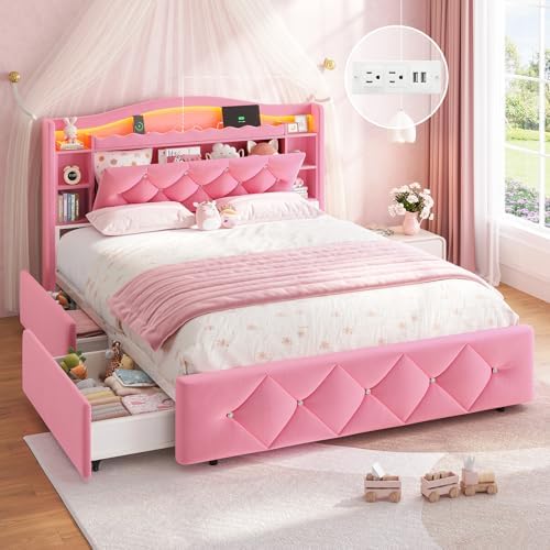 DICTAC Full Size Bed Frame for Girls with 4 Storage Drawers, Bookcase Headboard, LED Lights and Power Outlets, Diamond Tufted Velvet Upholstered Princess Platform Bed, Heavy-Duty Metal Support, Pink