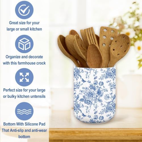 JarThenaAMCS Blue Floral Ceramic Utensil Holder Chinoiserie Kitchen Decor