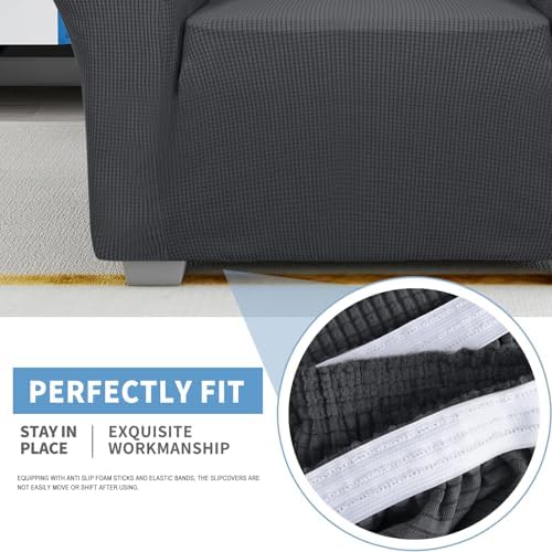 JIVINER High Stretch Loveseat Sofa Slipcovers 1-Piece Jacquard Couch Covers for 2 Cushion Couch Furniture Protector Washable Sofa Covers for Kids Pets Small Checks (Loveseat, Grey)