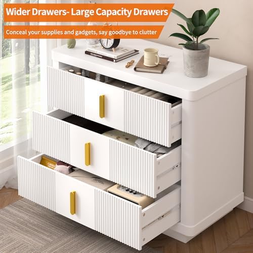 COWMOU White Fluted 3-Drawer Nightstand with Built-in Charging Station