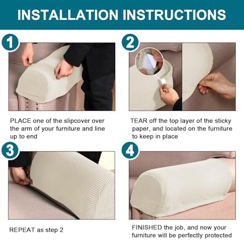 Turquoize Stretch Armrest Covers for Chairs and Sofas Couch Arm Covers for Sofa Spandex Jacquard Armrest Cover Anti-Slip Furniture Protector Armchair Slipcovers for Recliner Set of 2, Cream