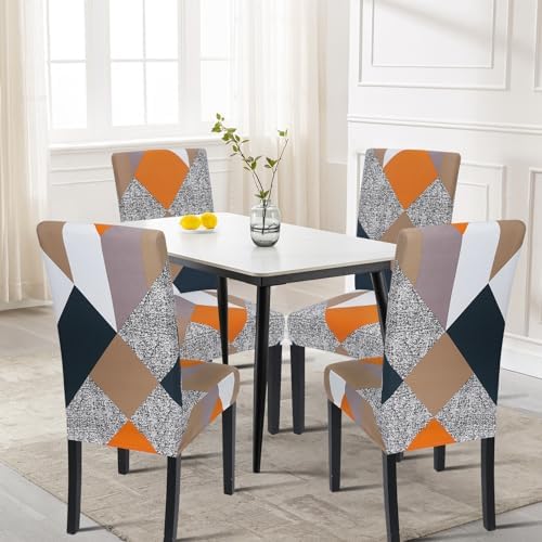 SearchI 4 Pack Super Fit Stretch Removable Washable Short Dining Chair Covers Slipcover Protector, Spandex Fabric Chair Cover for Dining Room, Hotel, Ceremony (Geometric1, 4 per Set)