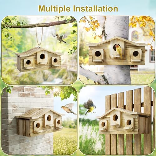 Auslar Bird House for Outside, 3 Hole Wooden Birdhouse for Outdoors Hanging