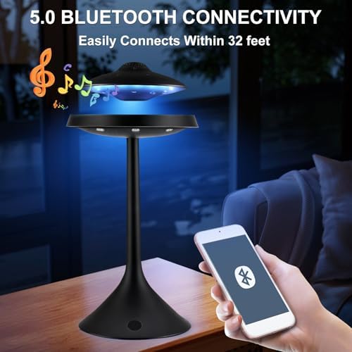 Magnetic Levitation Bluetooth UFO Speaker, Levitating UFO Speakers with Seven Color Night Lamp, Wireless Charging LED Lamp Bluetooth Speaker, 360°Rotating UFO Lamp (Black)