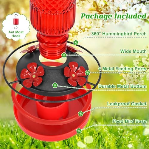 FEED GARDEN Glass Hummingbird Feeder for Outdoors, Leak-Resistant, 16 oz
