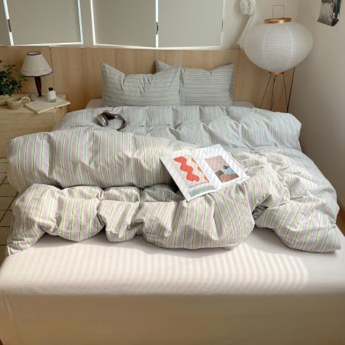 AOJIM Striped Duvet Cover Queen 100% Washed Cotton 3-Piece Vintage Bedding