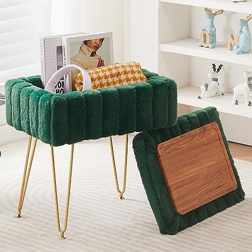 16.5" Faux Mink Fur Storage Ottoman Soft Footstool Vanity Chair Metal Legs