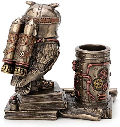 Veronese Design 5 1/4 Inch Steampunk Owl Cell Phone Holder Pen Holder Resin Sculpture Bronze Finish Statue Desk Stand Home Decor Aviation Bird Animal Gift