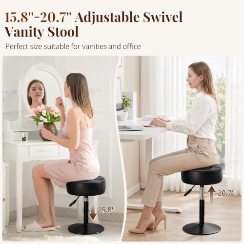 LUE BONA Adjustable Vanity Stool 15.8"-20.7", 360° Swivel Faux Leather Chair, 300lbs Capacity for Makeup Room, Bathroom, Living Room, Black