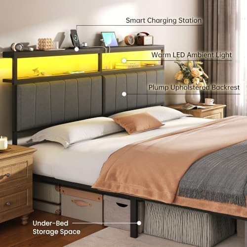 King Bed Frame with Storage Drawers and Charging Station, Grey