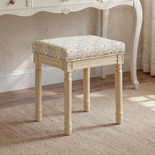 LUE BONA Vintage French Vanity Bench Stool, Upholstered Floral Makeup Chair