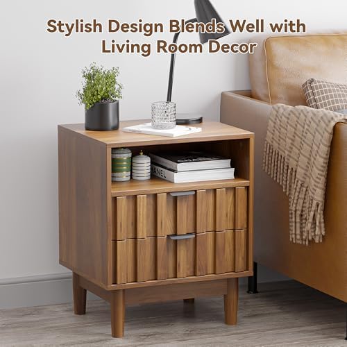 Fluted Nightstand Set of 2,Night Stand,Bedside Table,Walnut