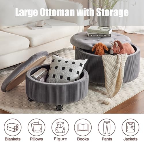 Round Storage Ottoman Coffee Table Set of 2, Gray, 29'' & 24.5''