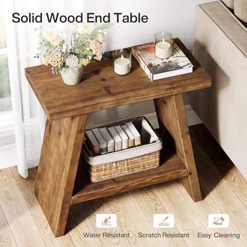 Solid Wood End Table for Living Room Set of 2, Narrow Small Side Table with 2-Tier Storage, Farmhouse Bedside Nightstand for Bedroom, Small Places, Rustic Brown (2 PCS)