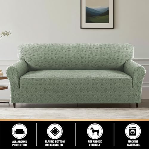 PrinceDeco Jacquard Couch Covers for 3 Cushion Couch 1 Piece Stretch Sofa Covers Furniture Protector Anti-Slip Soft Thickened Dogs Slipcovers Washable Diamond Pattern(Sofa, Sea Grass)