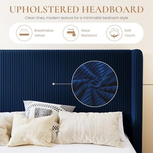 SHA CERLIN Queen Corduroy Platform Bed with Tufted Wingback Headboard, Blue
