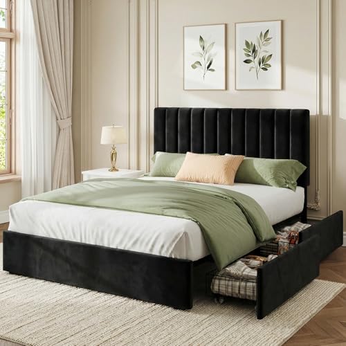 Welzona Queen Size Upholstered Bed Frame with Headboard & 4 Drawers, Black
