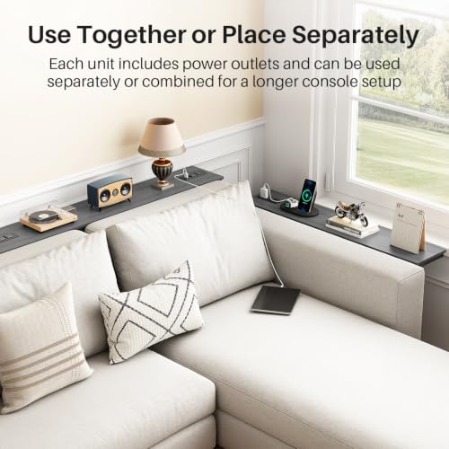 Kitstorack Narrow Sofa Table with Charging Station, 78.8" Behind Couch Table, Adjustable 24.4"-32.7" Height, Modular 2-piece Design for sectionals, entryways, Apartments, and Narrow Living Spaces