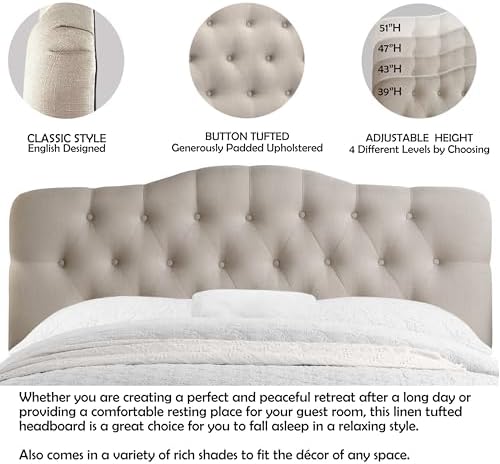 Rosevera Givanna Adjustable Height Headboard with Linen Upholstery and Button Tufting for Bedroom, King, Classic Beige