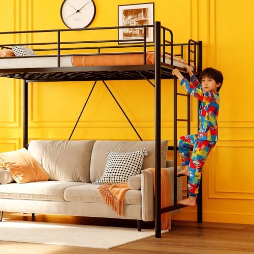 VINGLI 71 Inches Tall Loft Bed Twin Size with Flat Ladder Rung for Kids Teens Adults Heavy Duty Metal Single Bunk Bed Loft with Safety Guard Rails for Small Space, Black