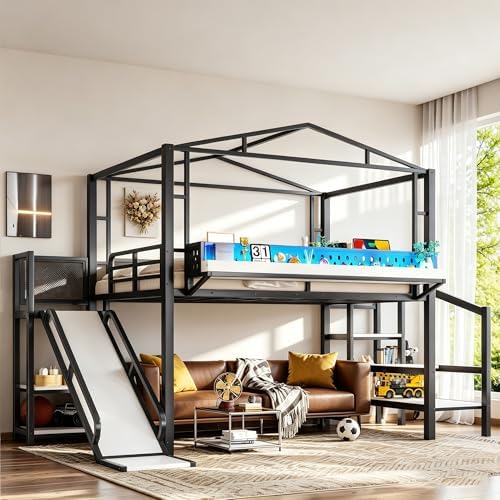 Bellemave Full Size Metal House Loft Bed with Slide and Stairs,Heavy Duty Playhouse Loft Bed Frame with Shelves,LED Lights and Charging Station for Kids,Teens,Adults,Black