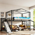 Bellemave Full Size Metal House Loft Bed with Slide and Stairs,Heavy Duty Playhouse Loft Bed Frame with Shelves,LED Lights and Charging Station for Kids,Teens,Adults,Black