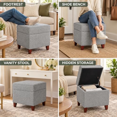 Adeco 17 Inch Square Linen Storage Ottoman for Living Room & Bedroom, Small Upholstered Footrest Stool with Hinged Lid and Wood Legs, Modern Accent Furniture, Light Gray