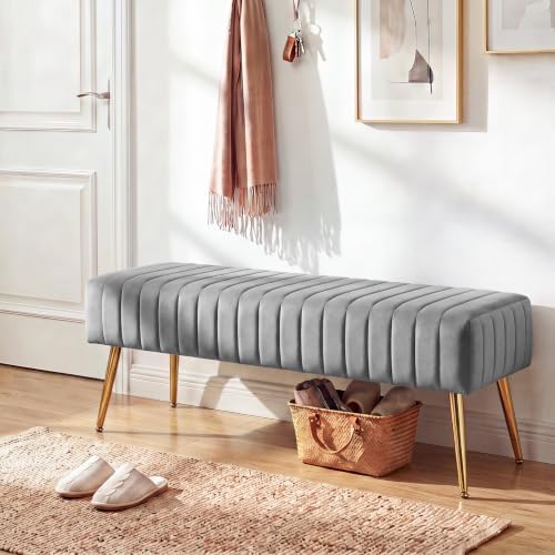 Furniliving 44 Inch Bedroom Benches, Upholstered Tufted Striped Fabric Ottoman Bench with X-Shaped Metal Legs for Living Room, Solid Wood Indoor Bench for Foyer (Grey)