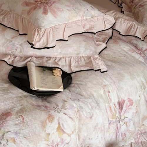 AOJIM Floral Print Duvet Cover Queen, 3-Piece Cotton Crinkle Double-Layer Gauze Vintage Ruffled Bedding Set with Allover Floral Print & Lace Edging - Soft Comforter Cover with Zipper & 2 Pillowcases