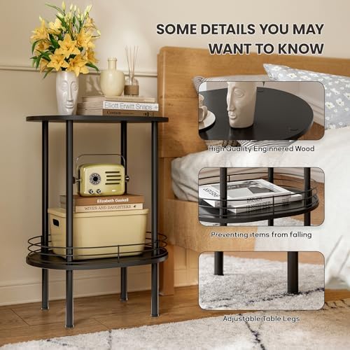 Small Oval Side Table with Storage, 2-Tier Black End Table for Small Space