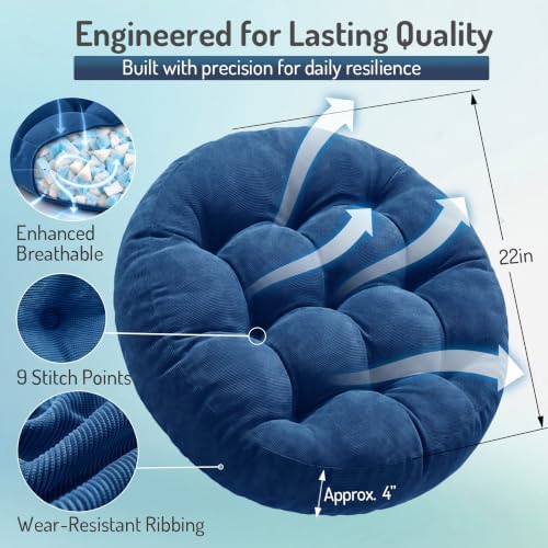 Round Meditation Cushion, Large Floor Pillow for Adults, 22 Inch Navy