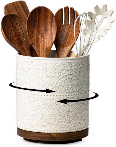 Kitchen Utensil Holder, 360° Rotating Extra Large Ceramic Utensil Holder with Embossed Pattern, 7.3” Cooking Utensil Crocks for Kitchen Countertop, Home Decor, Off-White, Lace Pattern