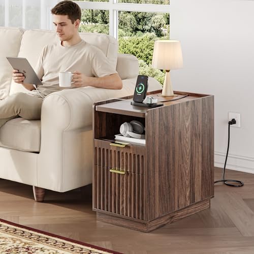 iPormis Fluted Narrow End Table Set of 2 with Charging & 2 Drawers, Walnut